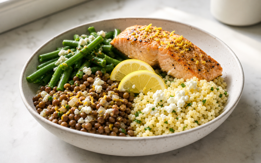 15-Minute Salmon, Lentil, and Green Bean Couscous Bowls