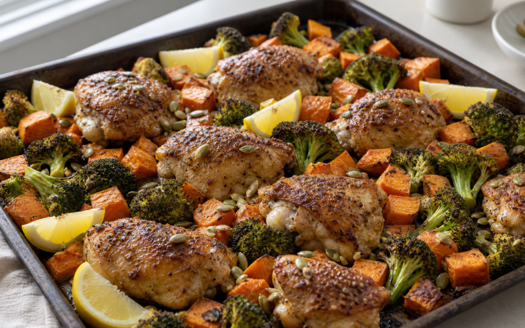 Sheet-Pan Chicken, Sweet Potato, and Broccoli With Pumpkin Seeds